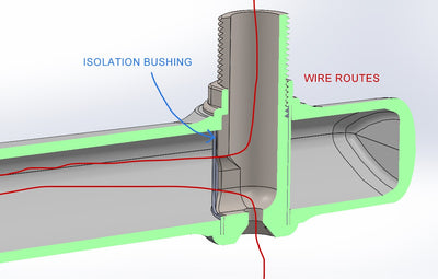 Cutaway illustration of Spreader Kit wire routing and isolation bushing.